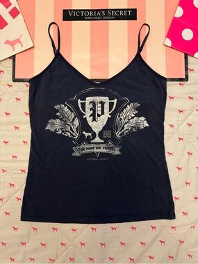 VS PINK VINTAGE Y2K CAMI TANK TOP NAVY BLUE & WHITE CREST DOG PUP 86 LOGO RARE M